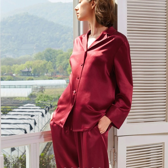 Mommesilk Women’s Sz Medium Claret Burgundy Mulberry 100% Silk Pajama Set - Picture 2 of 13